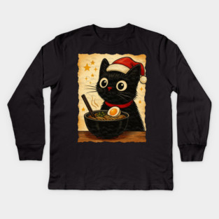 Funny Christmas Cat Ramen | Cute Holiday Noodle Lover Cat Kids Long Sleeve T-Shirt