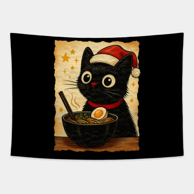 Funny Christmas Cat Ramen | Cute Holiday Noodle Lover Cat Tapestry by Db Printed