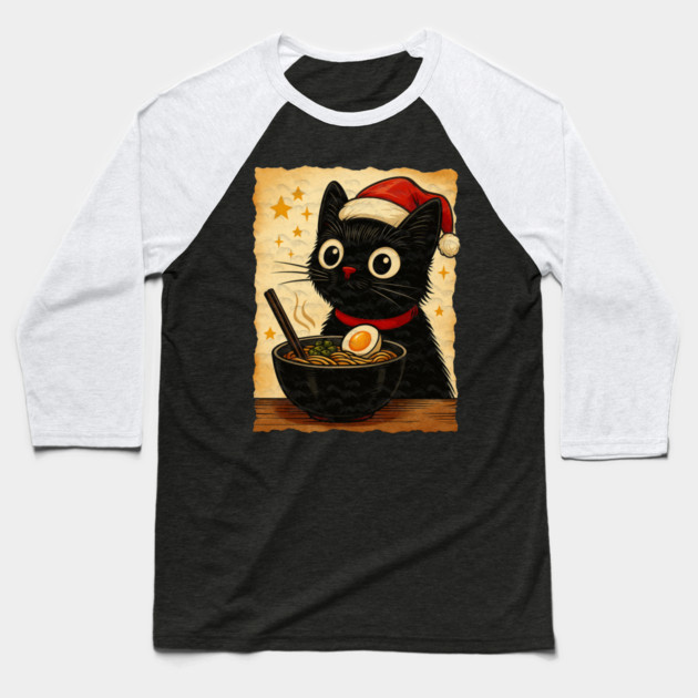 Funny Christmas Cat Ramen | Cute Holiday Noodle Lover Cat Baseball T-Shirt by Db Printed