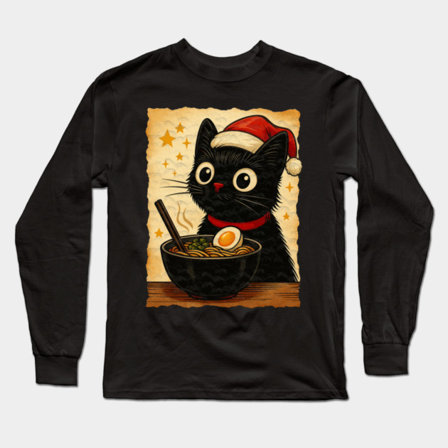 Funny Christmas Cat Ramen | Cute Holiday Noodle Lover Cat Long Sleeve T-Shirt by Db Printed