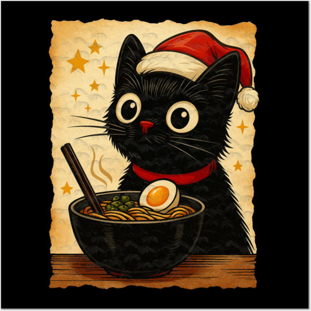 Funny Christmas Cat Ramen | Cute Holiday Noodle Lover Cat Wall Art by Db Printed