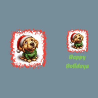 DigiPups Golden Retriever Puppy Dog Christmas Santa Holiday 2 Sided Cartoon T-Shirt