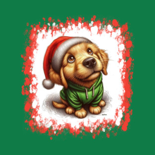 DigiPups Golden Retriever Puppy Dog Christmas Santa Holiday Cartoon T-Shirt