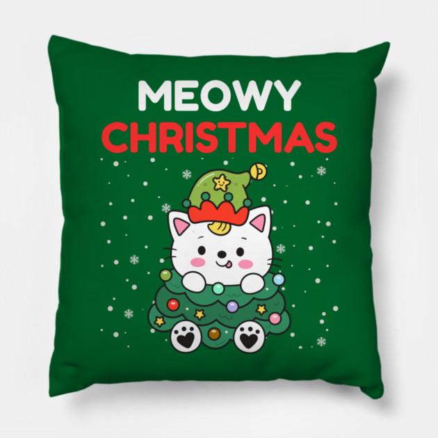 Meowy Christmas Cute Cat Dressed as Festive Tree Pillow by Creatifly Graphic Tees