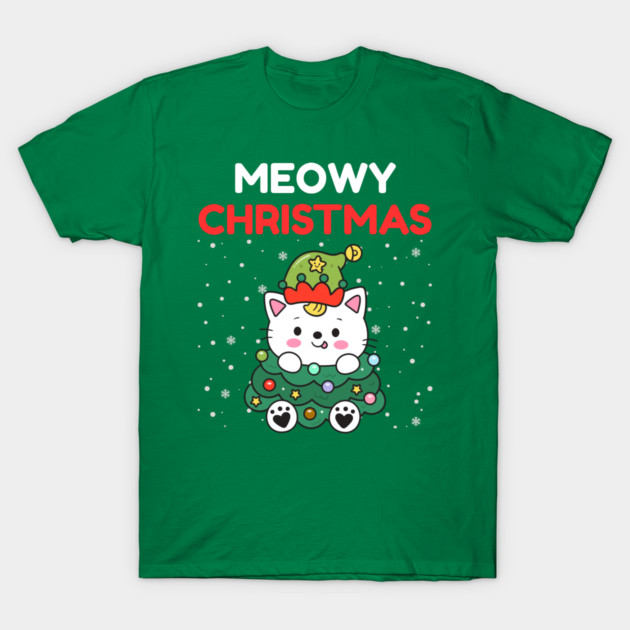 Meowy Christmas Cute Cat Dressed as Festive Tree T-Shirt by Creatifly Graphic Tees