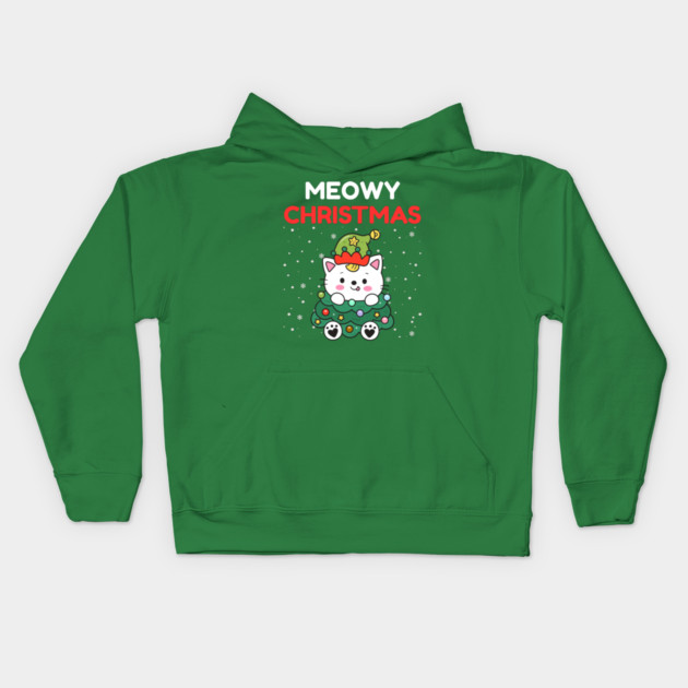 Meowy Christmas Cute Cat Dressed as Festive Tree Kids Hoodie by Creatifly Graphic Tees