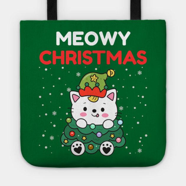 Meowy Christmas Cute Cat Dressed as Festive Tree Tote by Creatifly Graphic Tees