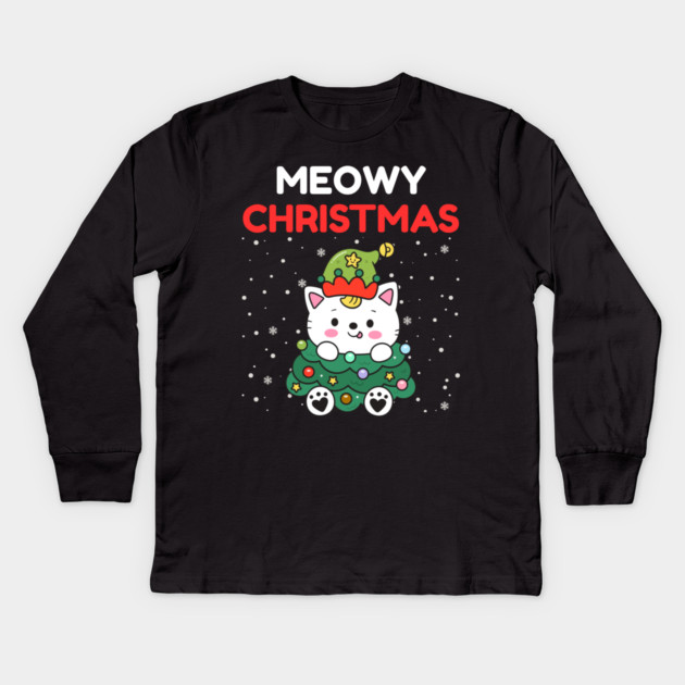 Meowy Christmas Cute Cat Dressed as Festive Tree Kids Long Sleeve T-Shirt by Creatifly Graphic Tees