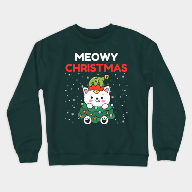 Meowy Christmas Cute Cat Dressed as Festive Tree Crewneck Sweatshirt by Creatifly Graphic Tees
