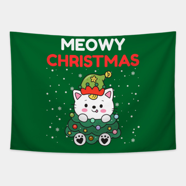Meowy Christmas Cute Cat Dressed as Festive Tree Tapestry by Creatifly Graphic Tees