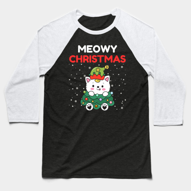 Meowy Christmas Cute Cat Dressed as Festive Tree Baseball T-Shirt by Creatifly Graphic Tees