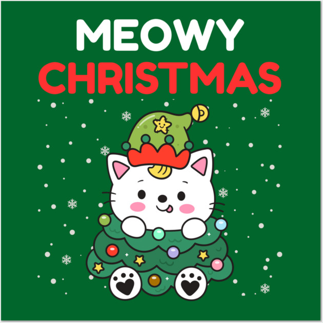 Meowy Christmas Cute Cat Dressed as Festive Tree Wall Art by Creatifly Graphic Tees