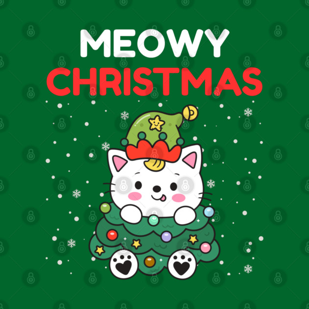 Meowy Christmas Cute Cat Dressed as Festive Tree by Creatifly Graphic Tees