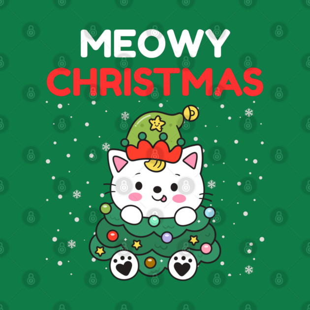 Meowy Christmas Cute Cat Dressed as Festive Tree by Creatifly Graphic Tees