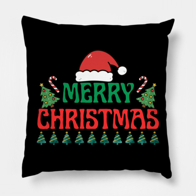 Merry Christmas Festive Trees and Santa Hat Holiday Theme Pillow by Creatifly Graphic Tees