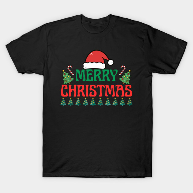 Merry Christmas Festive Trees and Santa Hat Holiday Theme T-Shirt by Creatifly Graphic Tees
