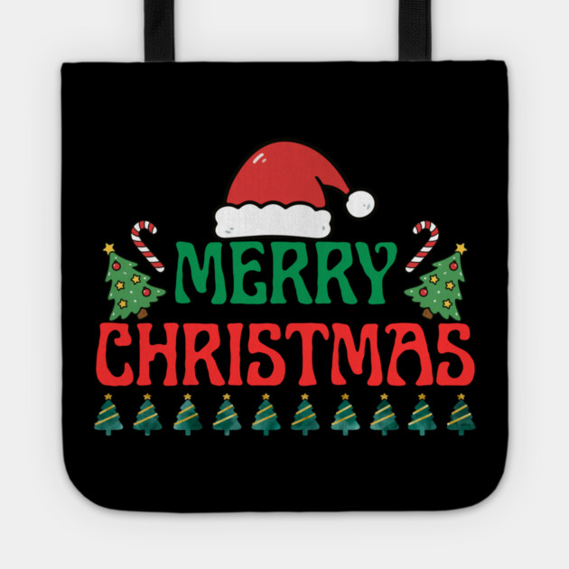 Merry Christmas Festive Trees and Santa Hat Holiday Theme Tote by Creatifly Graphic Tees