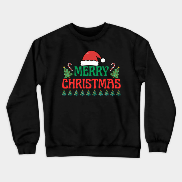 Merry Christmas Festive Trees and Santa Hat Holiday Theme Crewneck Sweatshirt by Creatifly Graphic Tees