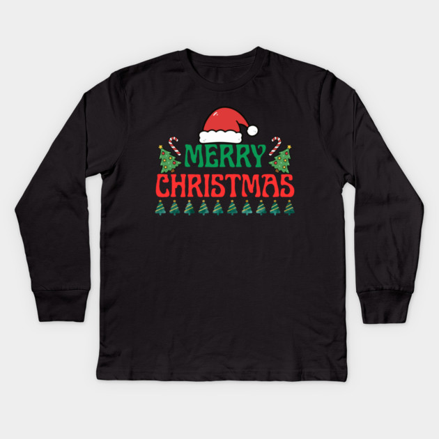 Merry Christmas Festive Trees and Santa Hat Holiday Theme Kids Long Sleeve T-Shirt by Creatifly Graphic Tees