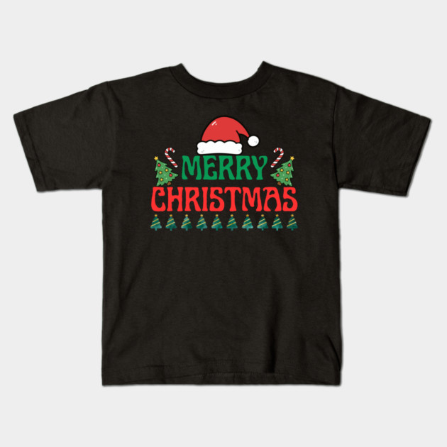 Merry Christmas Festive Trees and Santa Hat Holiday Theme Kids T-Shirt by Creatifly Graphic Tees