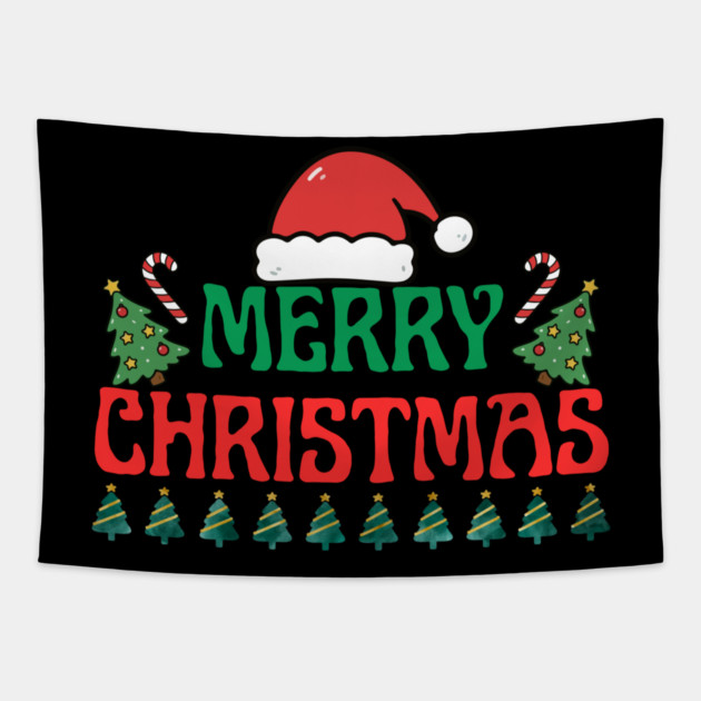 Merry Christmas Festive Trees and Santa Hat Holiday Theme Tapestry by Creatifly Graphic Tees