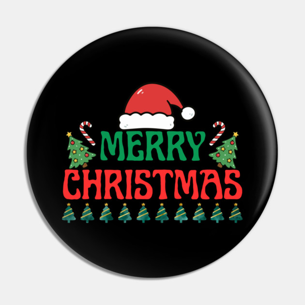 Merry Christmas Festive Trees and Santa Hat Holiday Theme Pin by Creatifly Graphic Tees