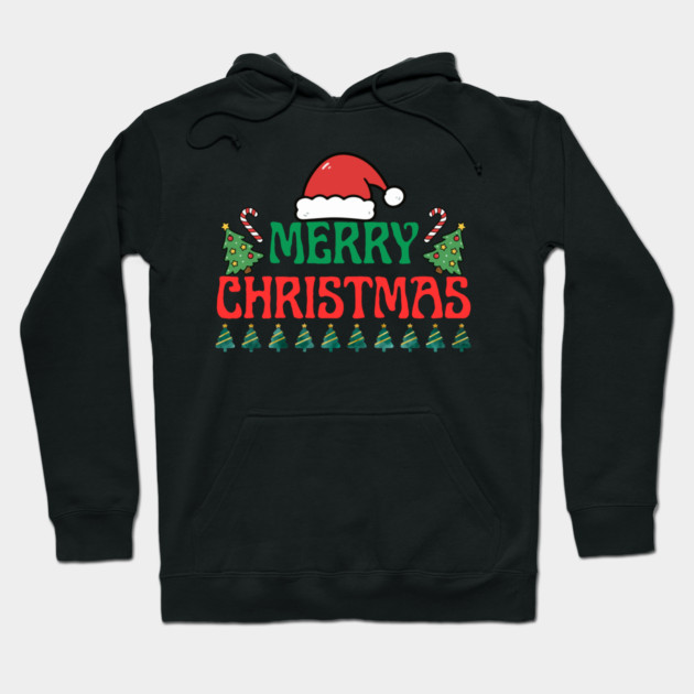 Merry Christmas Festive Trees and Santa Hat Holiday Theme Hoodie by Creatifly Graphic Tees
