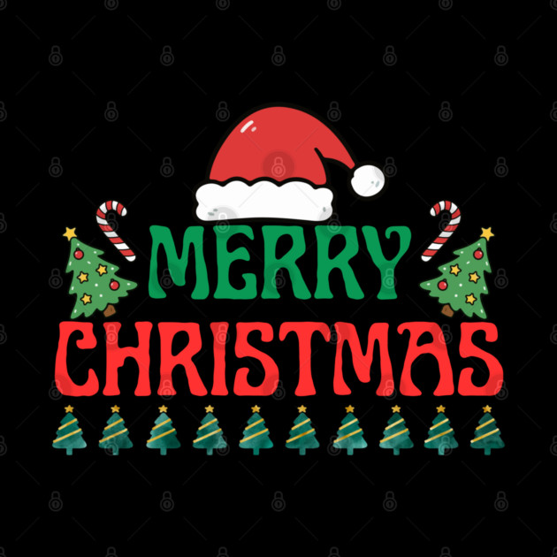 Merry Christmas Festive Trees and Santa Hat Holiday Theme by Creatifly Graphic Tees