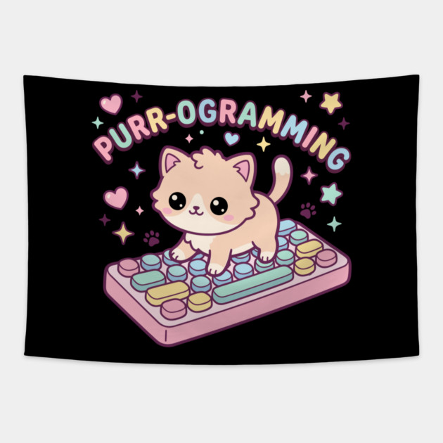 Purr-ogramming Cat Programmer Cute Kitten Tapestry by belownormal