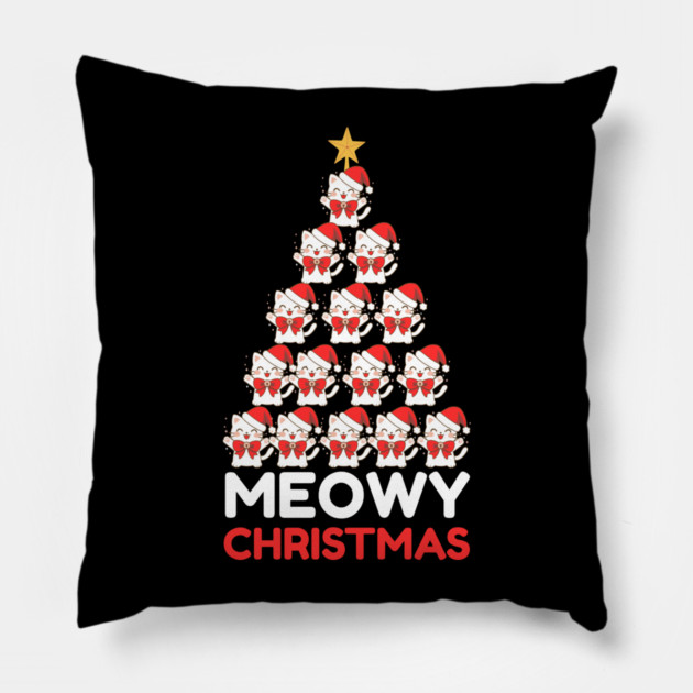 Meowy Cat Tree Christmas Pillow by Creatifly Graphic Tees