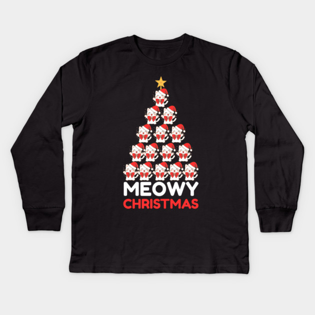 Meowy Cat Tree Christmas Kids Long Sleeve T-Shirt by Creatifly Graphic Tees
