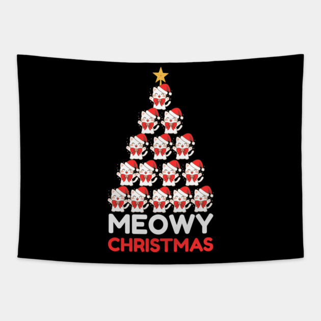 Meowy Cat Tree Christmas Tapestry by Creatifly Graphic Tees
