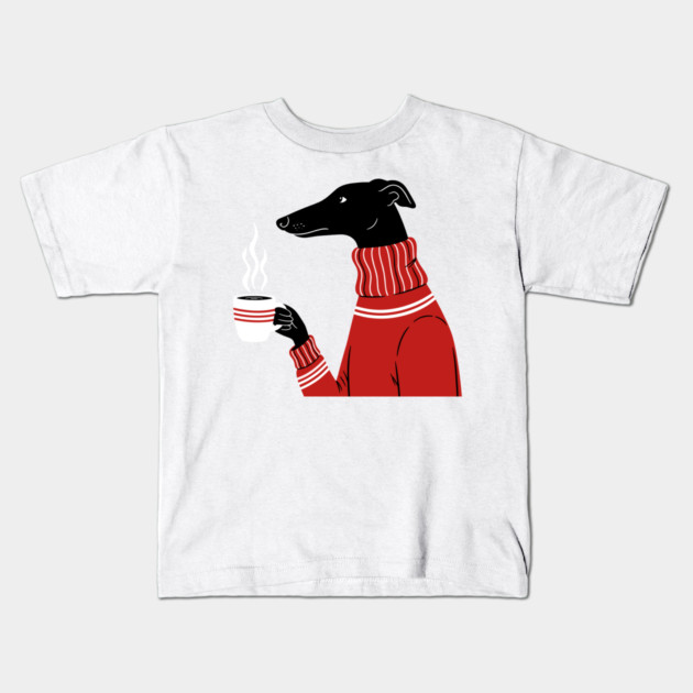 Cozy Greyhound Sipping Coffee Kids T-Shirt by enrynz