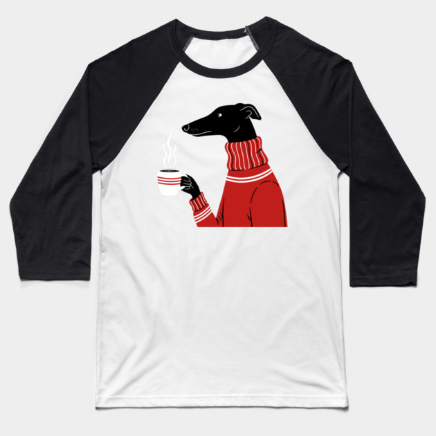 Cozy Greyhound Sipping Coffee Baseball T-Shirt by Digironin