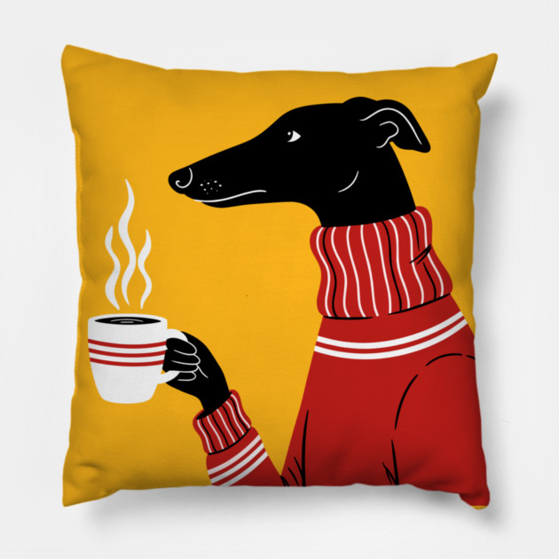 Cozy Greyhound Sipping Coffee Pillow by enrynz