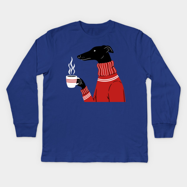Cozy Greyhound Sipping Coffee Kids Long Sleeve T-Shirt by enrynz