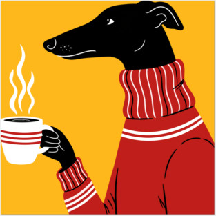 Cozy Greyhound Sipping Coffee Posters and Art