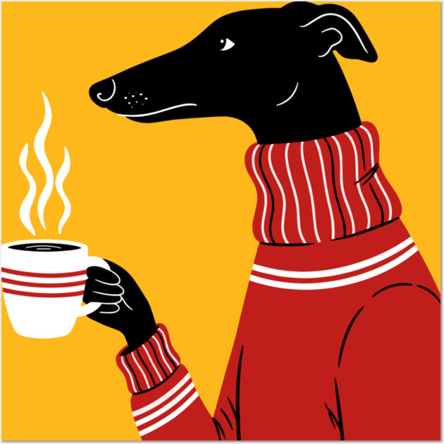Cozy Greyhound Sipping Coffee Wall Art by Digironin