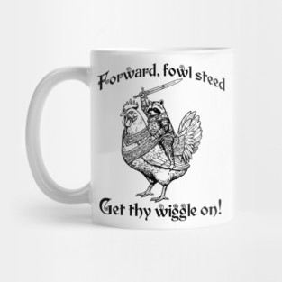 Forward, Fowl Steed! Get Thy Wiggle On! Knight Raccoon Astride Giant Armored Chicken Mug