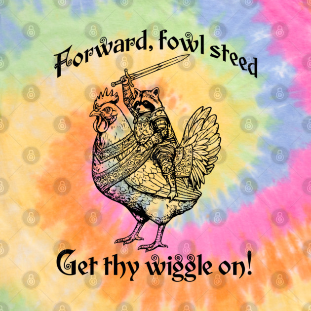 Forward, Fowl Steed! Get Thy Wiggle On! Knight Raccoon Astride Giant Armored Chicken by Luxinda