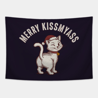 Hilarious Merry Kissmyass Christmas Cat Tapestry