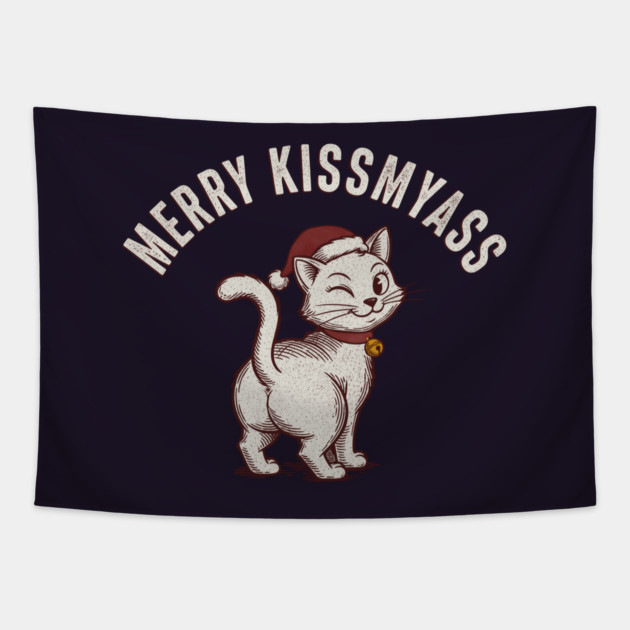 Hilarious Merry Kissmyass Christmas Cat Tapestry by CreativeSage