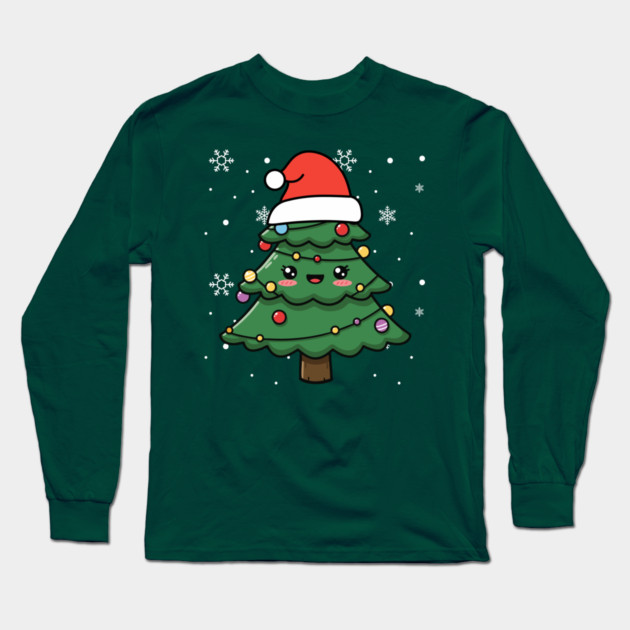 Cute Kawaii Christmas Tree with Santa Hat Long Sleeve T-Shirt by Creatifly Graphic Tees