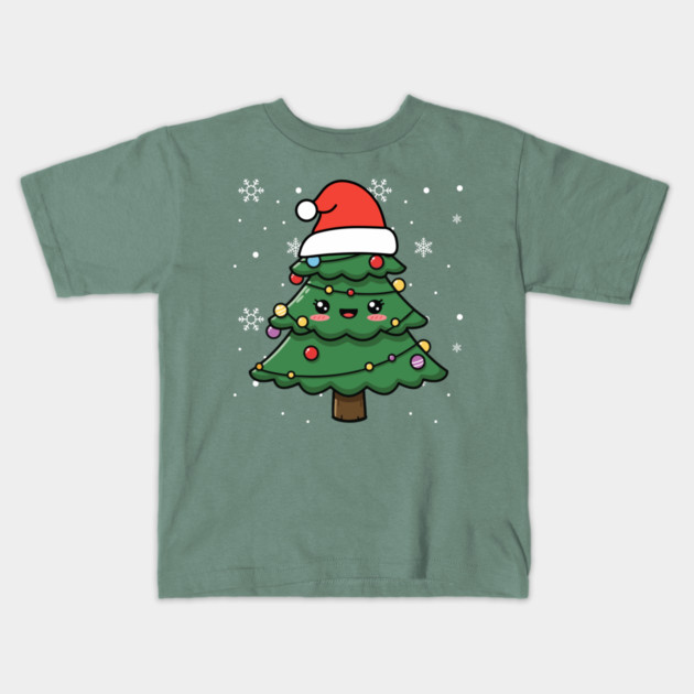 Cute Kawaii Christmas Tree with Santa Hat Kids T-Shirt by Creatifly Graphic Tees