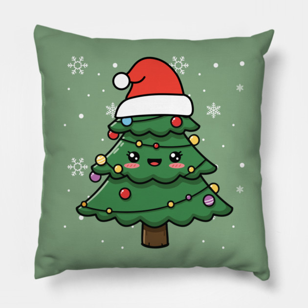Cute Kawaii Christmas Tree with Santa Hat Pillow by Creatifly Graphic Tees
