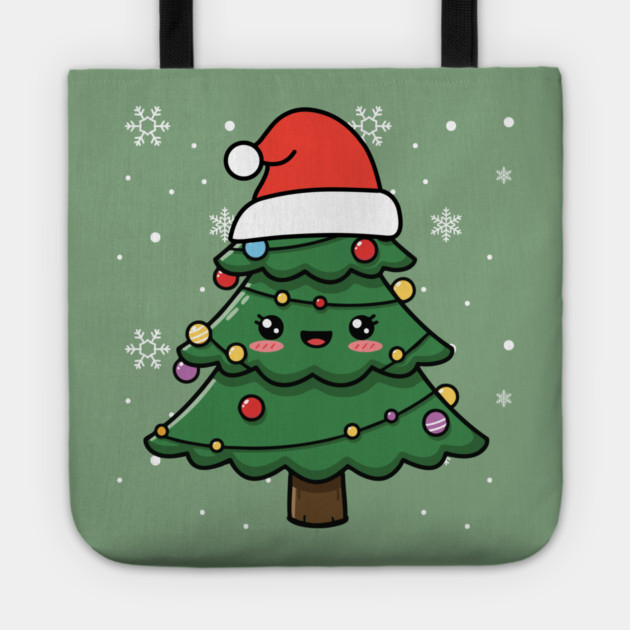 Cute Kawaii Christmas Tree with Santa Hat Tote by Creatifly Graphic Tees
