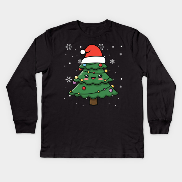 Cute Kawaii Christmas Tree with Santa Hat Kids Long Sleeve T-Shirt by Creatifly Graphic Tees