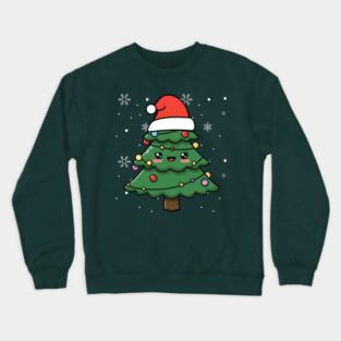 Cute Kawaii Christmas Tree with Santa Hat Crewneck Sweatshirt