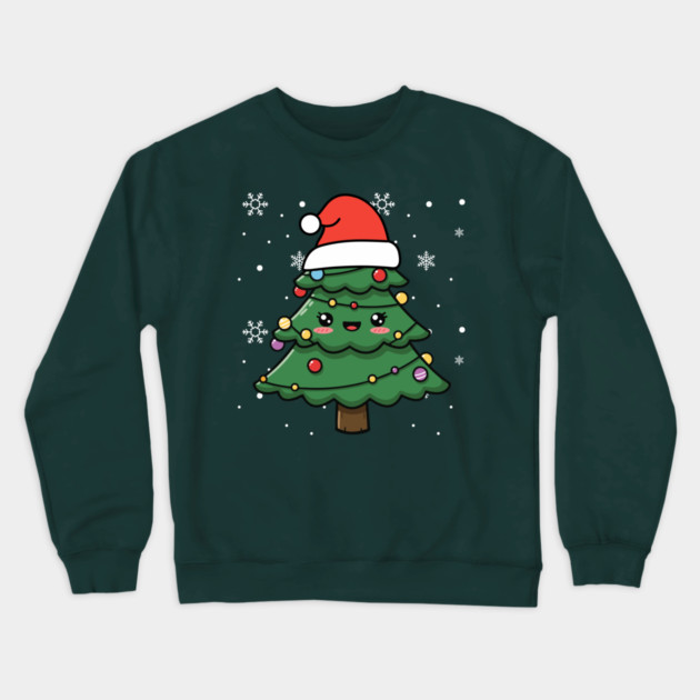 Cute Kawaii Christmas Tree with Santa Hat Crewneck Sweatshirt by Creatifly Graphic Tees