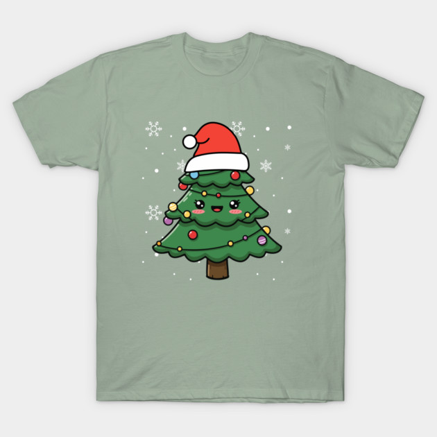 Cute Kawaii Christmas Tree with Santa Hat T-Shirt by Creatifly Graphic Tees